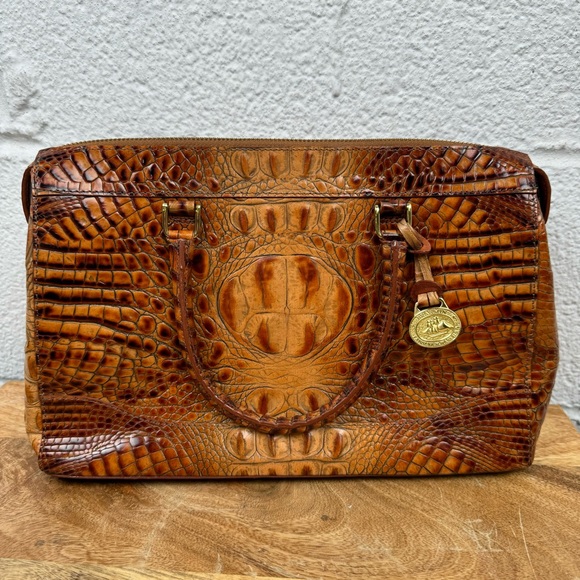 Vtg Brahmin Stacy Toasted Melbourne Crossbody Bag Croc Embossed Leather Brass - Picture 1 of 13
